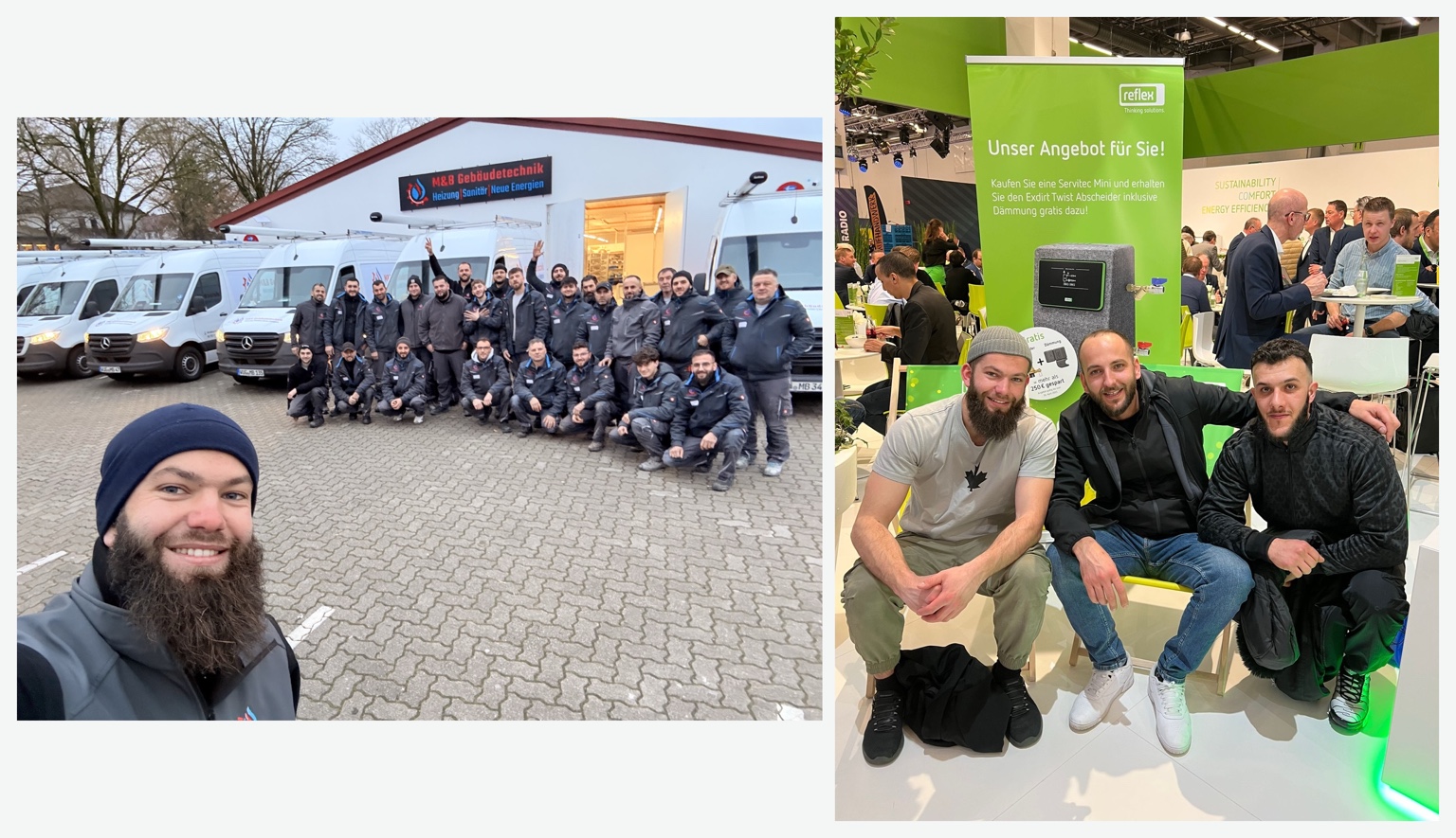 M&B-Team vor dem Betrieb und Miran, Berat und Muhammad auf der Fachmesse