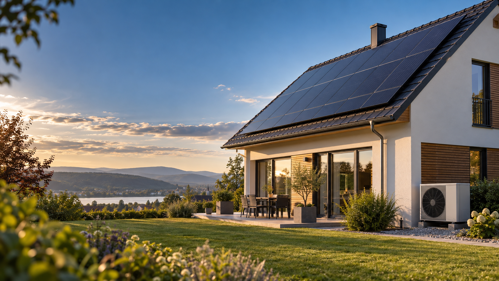 Haus mit Photovoltaik auf dem Dach und Wärmepumpe im Garten