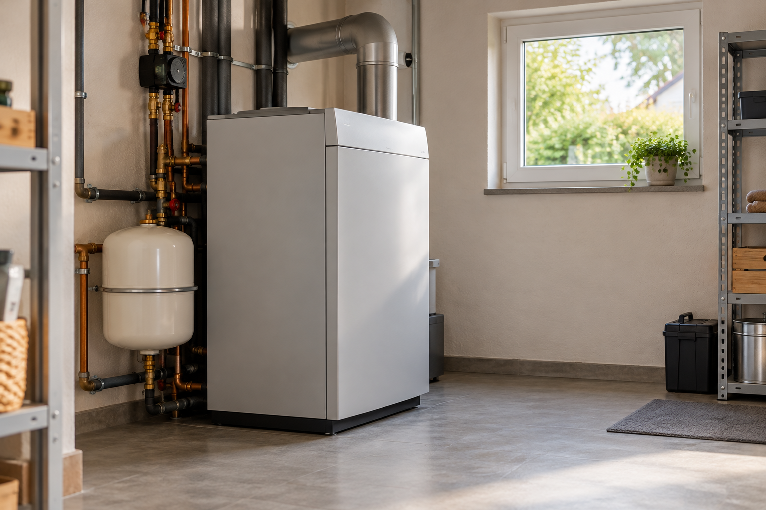 Gas, Flüssiggas und Öl – KI-Symbolbild KI-Symbolbild: Konventionelle Heizungsanlage im Technikraum