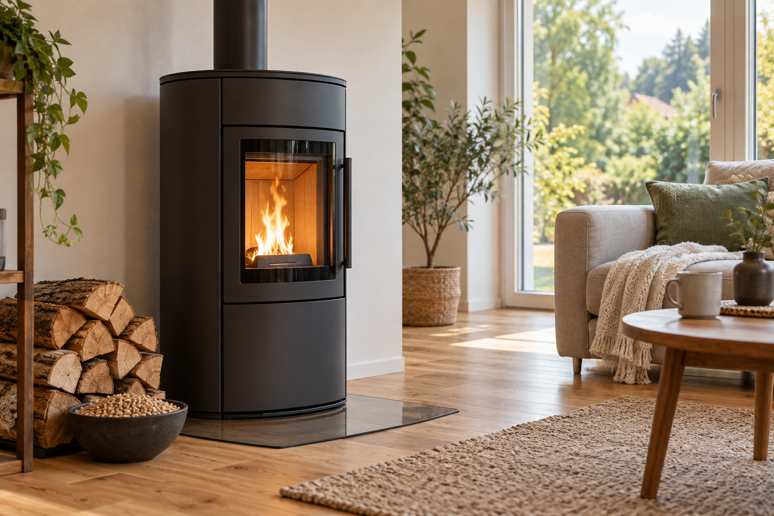 Holz und Pellets – KI-Symbolbild KI-Symbolbild: Holzofen und Pellets in einem behaglichen Wohnraum