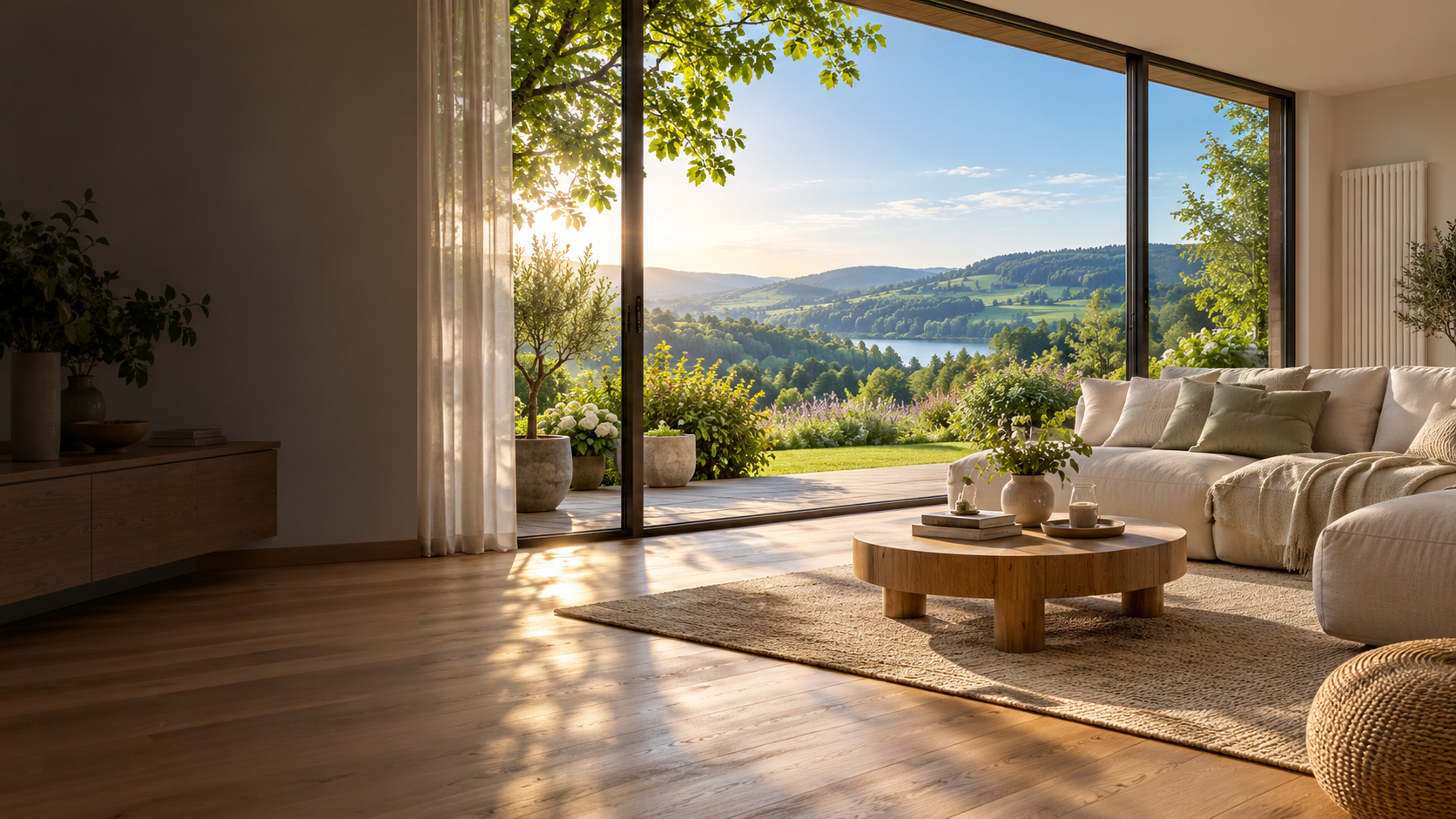 KI-Stimmungsbild: Wohnzimmer mit Sonnenlicht und Blick ins Grüne
