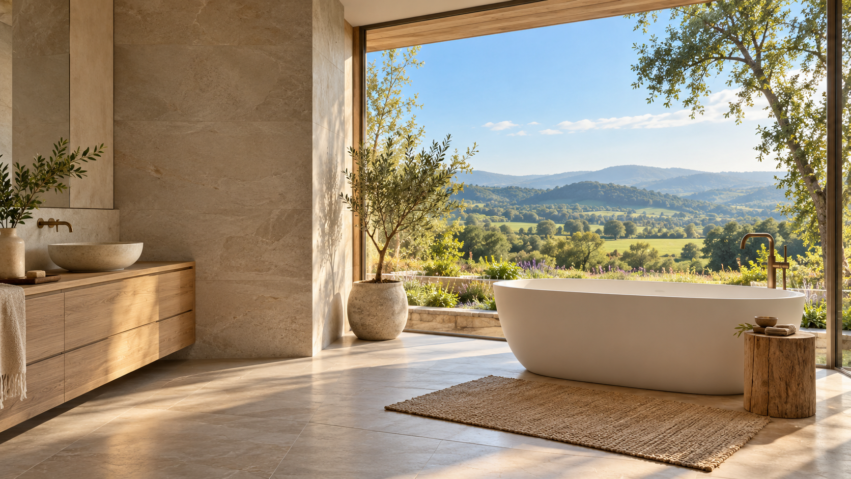 KI-Stimmungsbild: Helles Bad mit Naturmaterialien und Gartenblick