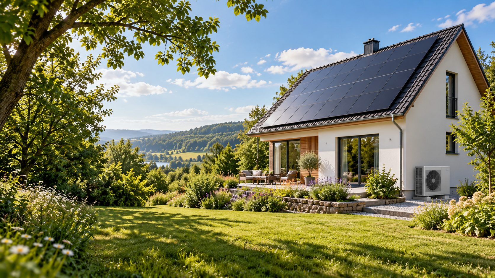 KI-Stimmungsbild: Haus mit Wärmepumpe, Photovoltaik und grünem Garten