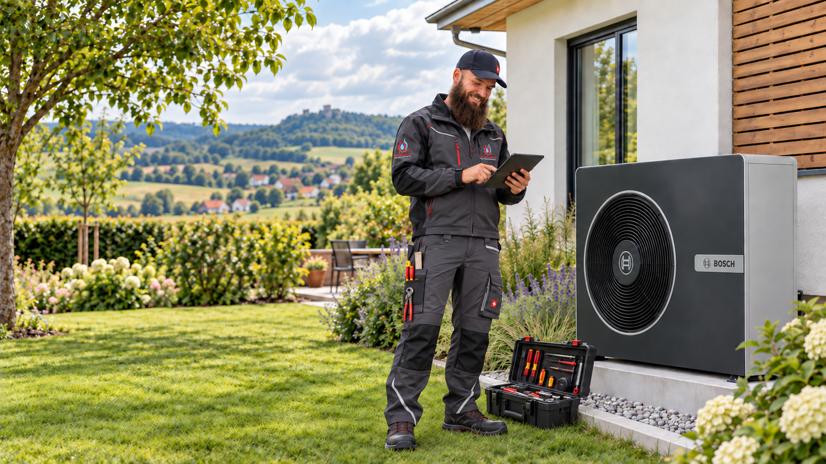 KI-gestaltetes Motiv: Miran mit M&B-Arbeitskleidung und Tablet neben einer Bosch-Wärmepumpe im Garten